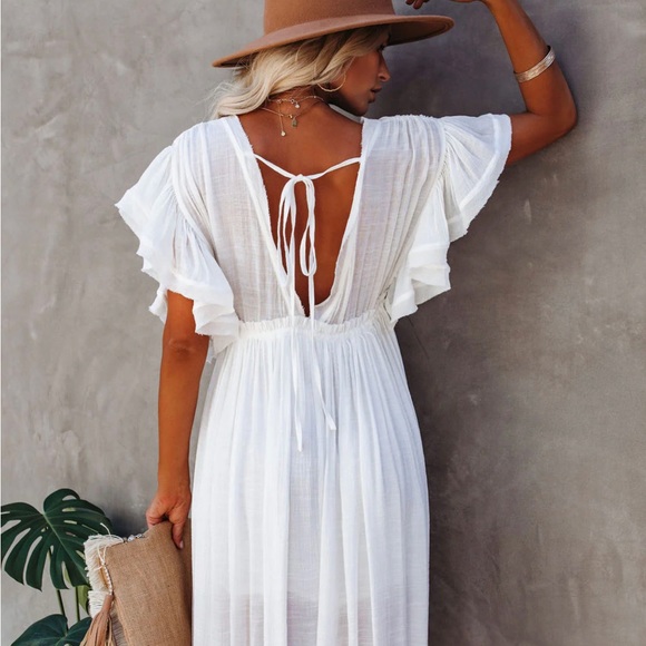 White Sands Ruffled Beach Wear Maxi Coverup Dress Size Large - Picture 2 of 13
